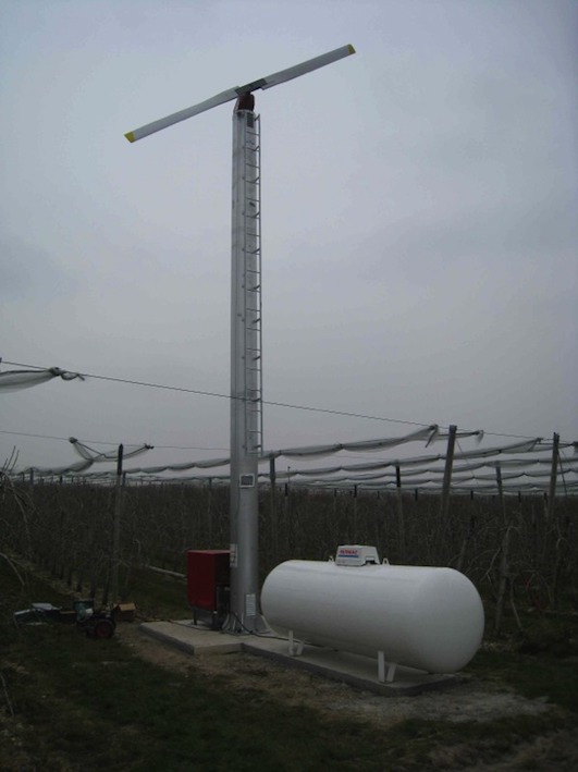 Frost protection wind machine and hail net